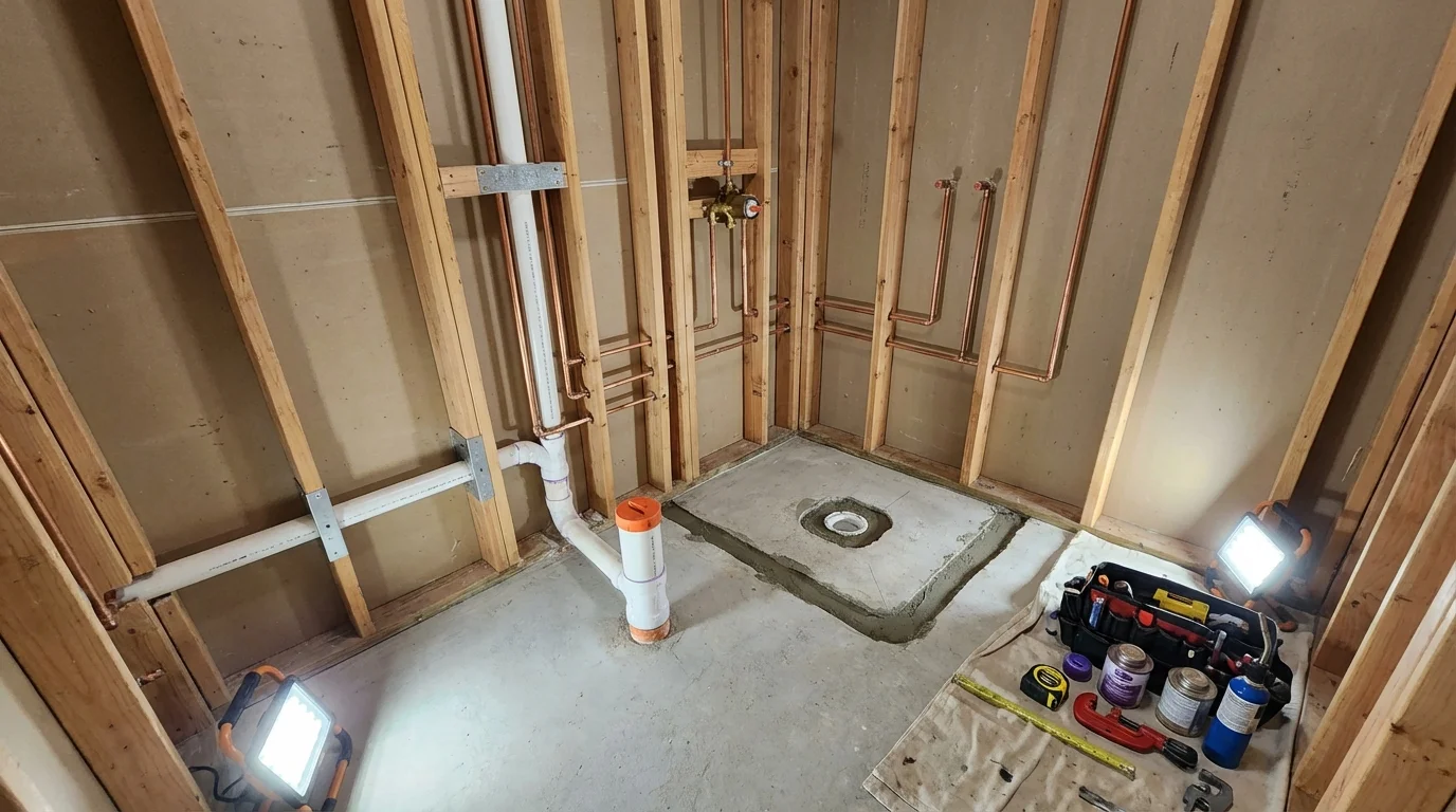 Bathroom rough-in plumbing during remodel by Johns Plumbing LLC in New Hartford
