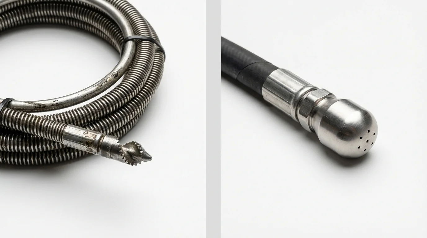 Drain snake cable and hydro jetting nozzle used for drain cleaning in New Hartford, NY