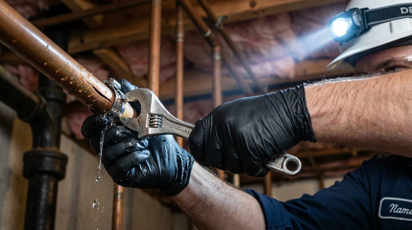 Emergency pipe clamp repair being performed by a Johns Plumbing LLC plumber in New Hartford
