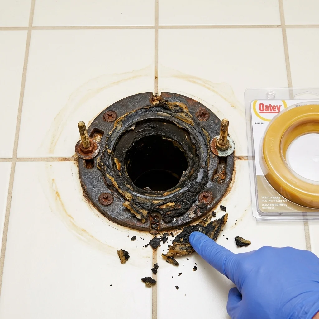 Failed wax ring showing water seepage at the base of a toilet in a New Hartford, NY home