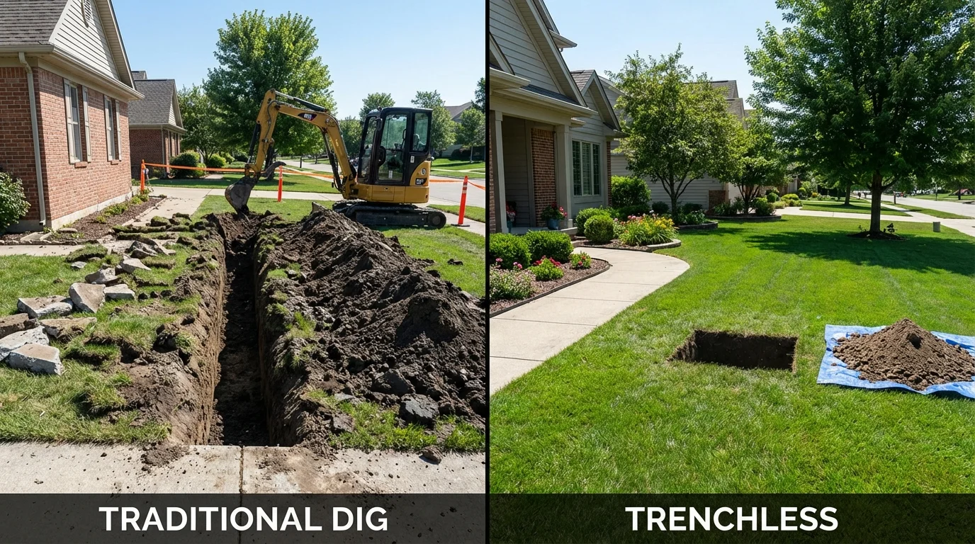 Trenchless sewer repair with minimal yard damage versus traditional excavation in New Hartford, NY
