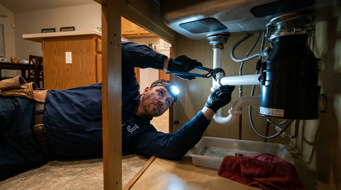 P-trap and supply line connections under a kitchen sink showing a common leak point in New Hartford, NY